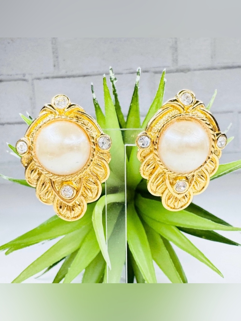 Vintage 80s Kenneth Jay Lane KJL for Avon Faux Pearl Rhinestone Clip Earrings